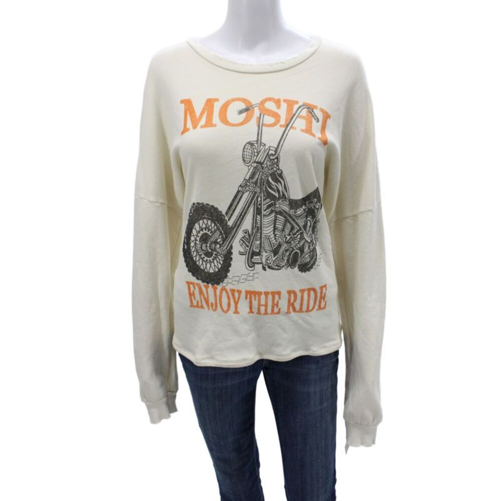 Lauren Moshi Women Pullover Ivory 100% Cotton Crew Neck Motorcycle Size M